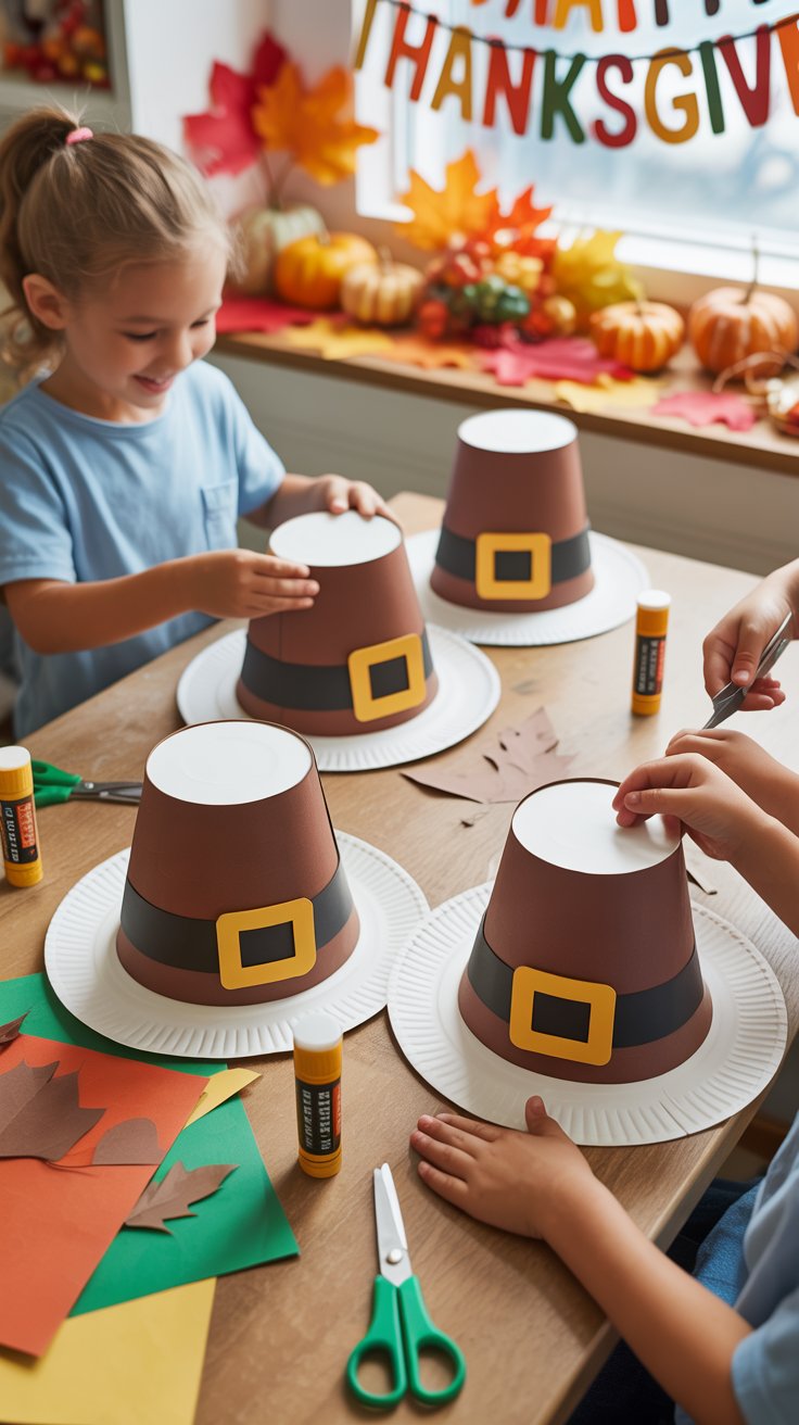DIY crafting project featuring Paper Plate Pilgrim Hats made from paper plates and black construction paper, ideal for children's Thanksgiving celebrations.