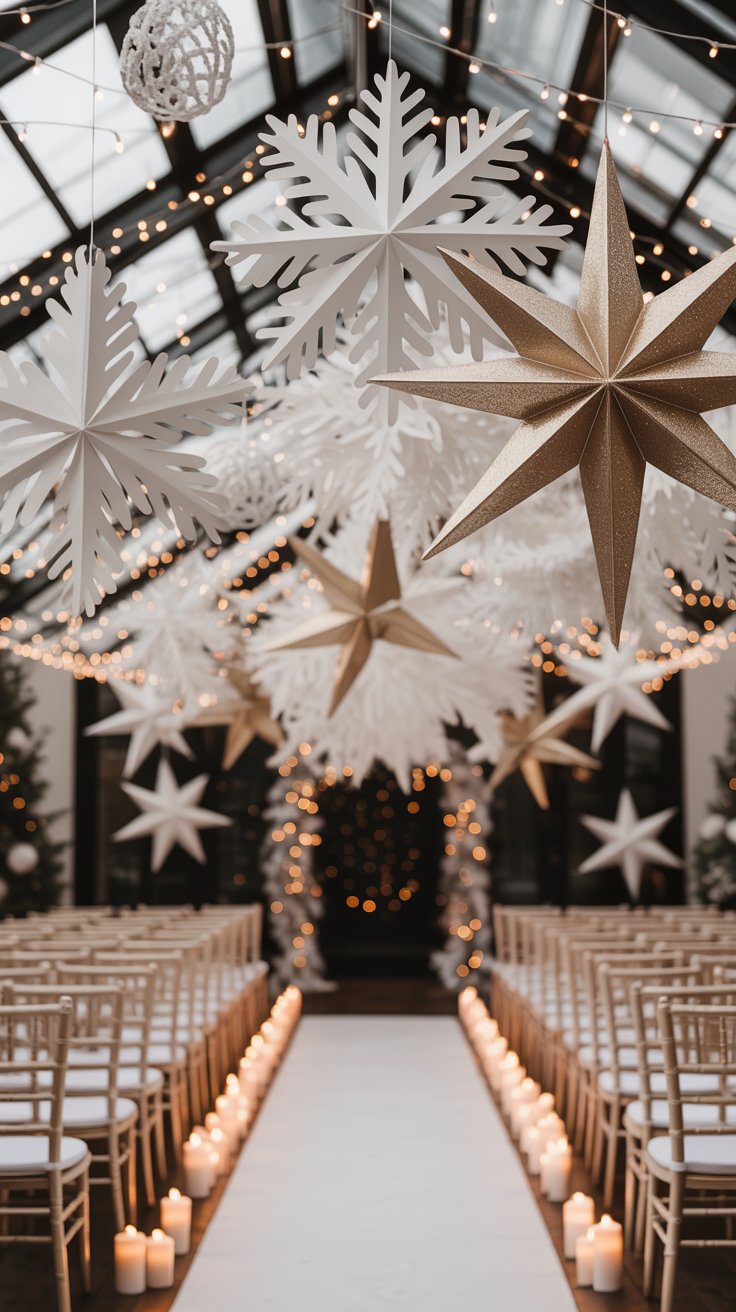 Winter wedding ceremony decorated with hanging paper snowflakes, metallic stars, and soft twinkle lights in an elegant festive setting