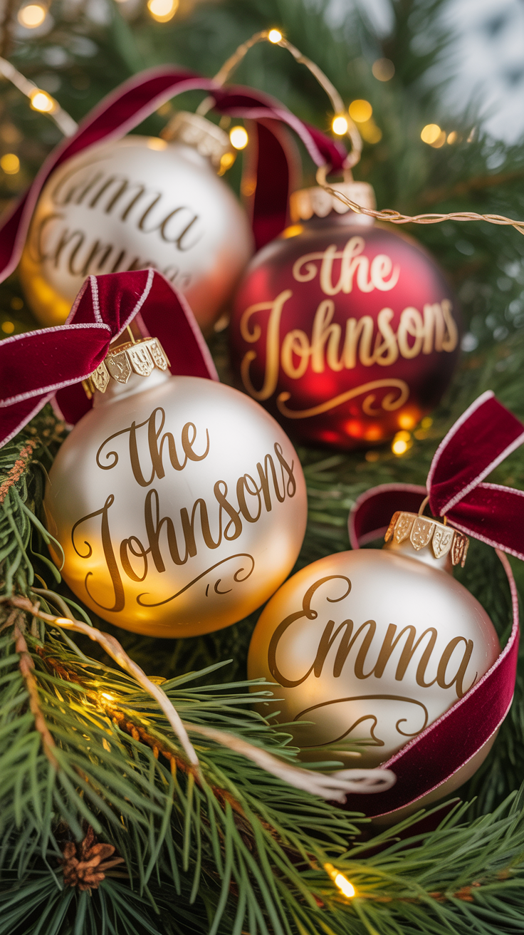 DIY personalized Christmas ornaments with names and gold accents surrounded by pine branches and lights.