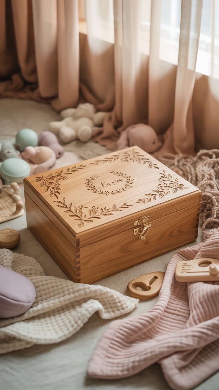 A personalized wooden keepsake box with delicate engravings, displayed in a nursery setting with soft baby blankets and pastel decor, capturing the essence of a thoughtful baby shower gift.