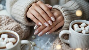 Aesthetic flat lay of 2025 winter nail designs featuring silver chrome, glazed donut shimmer, and cozy neutral tones on manicured nails beside a hot cocoa mug and knit sweater.