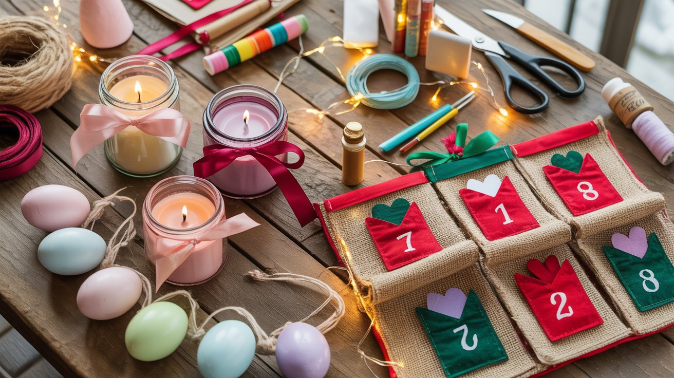 A colorful display of seasonal DIY craft projects, including Valentine’s Day candle holders, Easter egg garlands, and Christmas advent calendars, highlighting the creativity and charm of handmade holiday decorations.