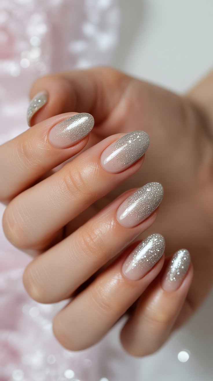 Silver glitter ombré nails blending nude and shimmer tones, elegant winter nail trend.