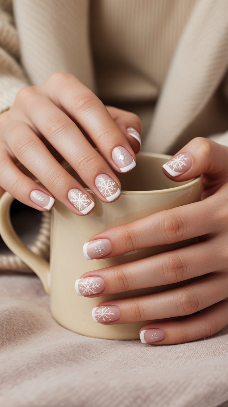 Elegant winter French tip nails with white snowflakes and glitter details in a cozy winter scene.