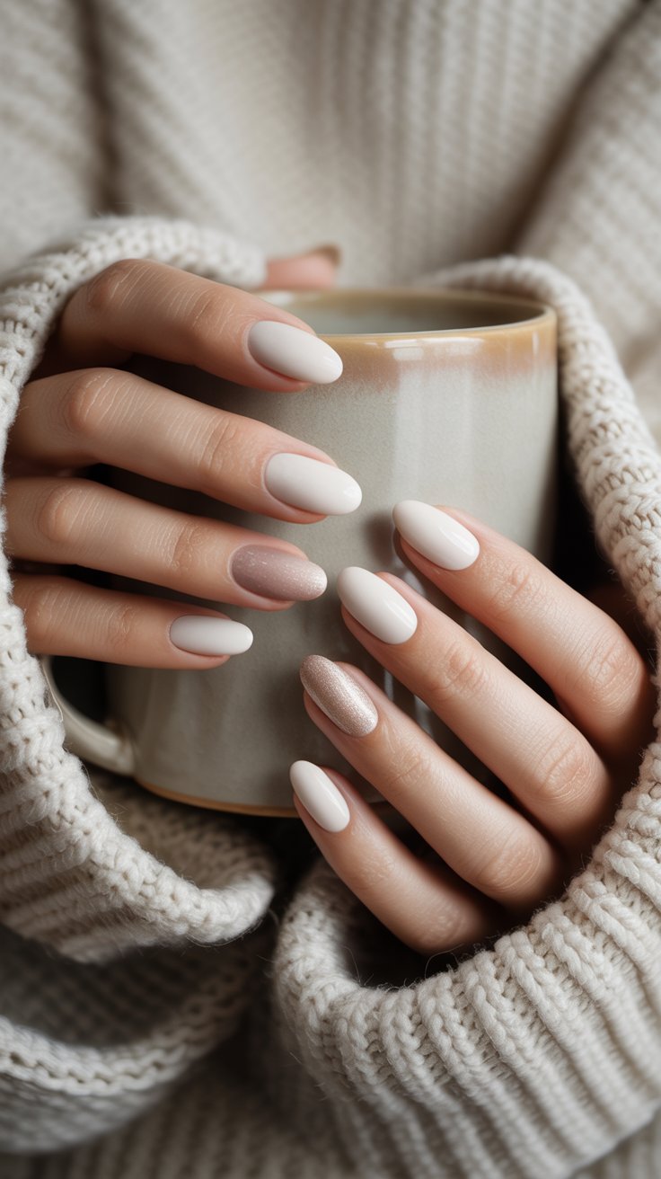 “Minimalist snowy neutral nails in soft ivory and beige tones with a clean matte finish, styled with cozy sweater sleeves and a neutral winter background.”