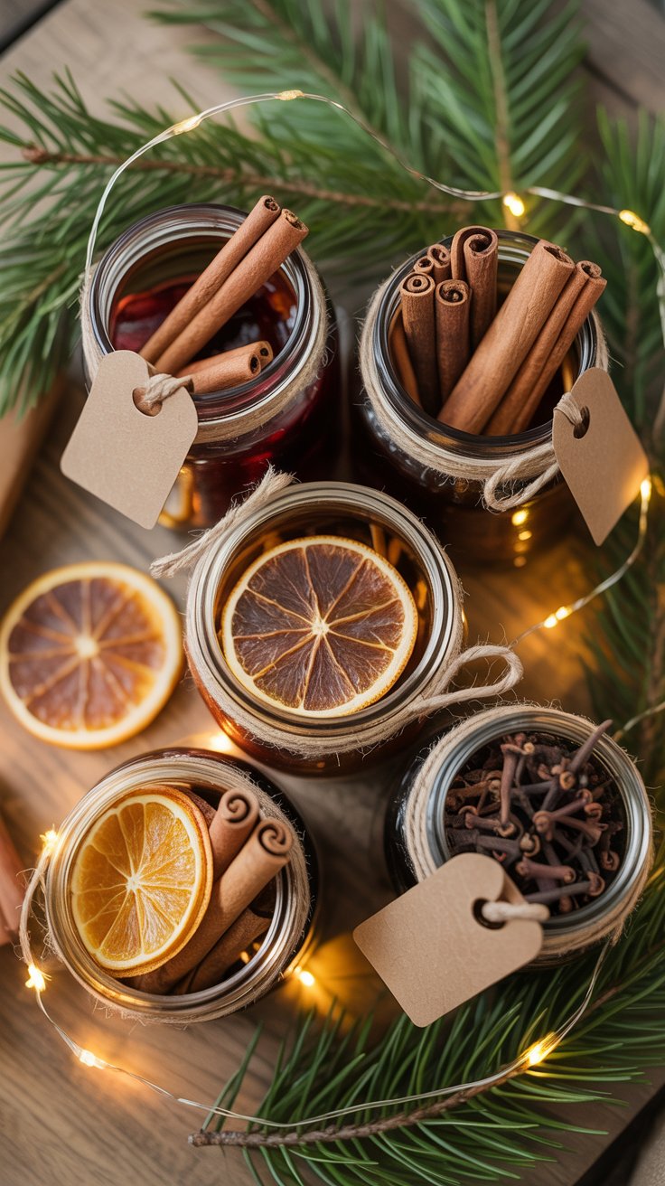 DIY stovetop potpourri jars with dried oranges and cinnamon tied with twine, holiday décor around.