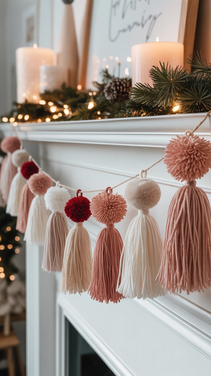 DIY Christmas tassel garland with colorful yarn tassels and pom poms in pink, cream, and red tones on a cozy mantel.