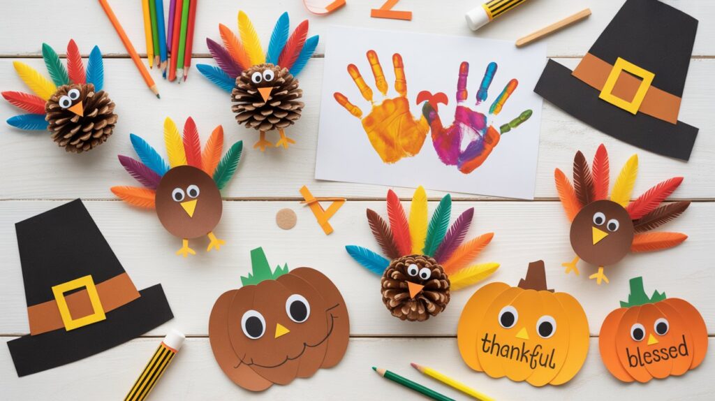 "Colorful collage of DIY Thanksgiving crafts for kids, including pinecone turkeys, handprint turkeys, paper plate Pilgrim hats, and gratitude pumpkins, all crafted with vibrant autumn colors and materials."