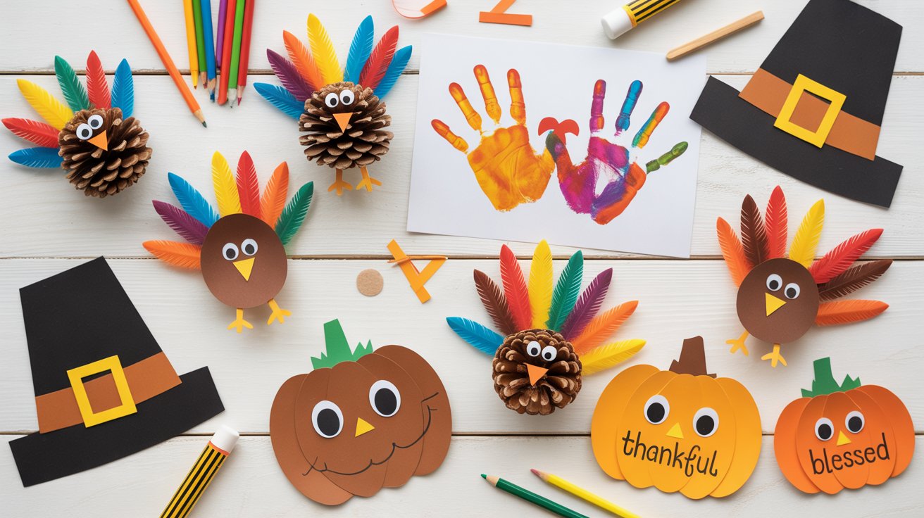 "Colorful collage of DIY Thanksgiving crafts for kids, including pinecone turkeys, handprint turkeys, paper plate Pilgrim hats, and gratitude pumpkins, all crafted with vibrant autumn colors and materials."