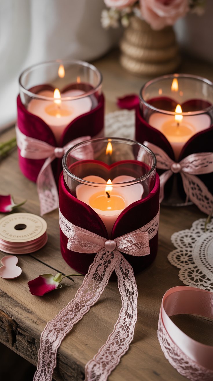 Valentine's Day DIY craft idea featuring a personalized candle holder decorated with blush and burgundy velvet ribbons and lace, accompanied by heart-shaped