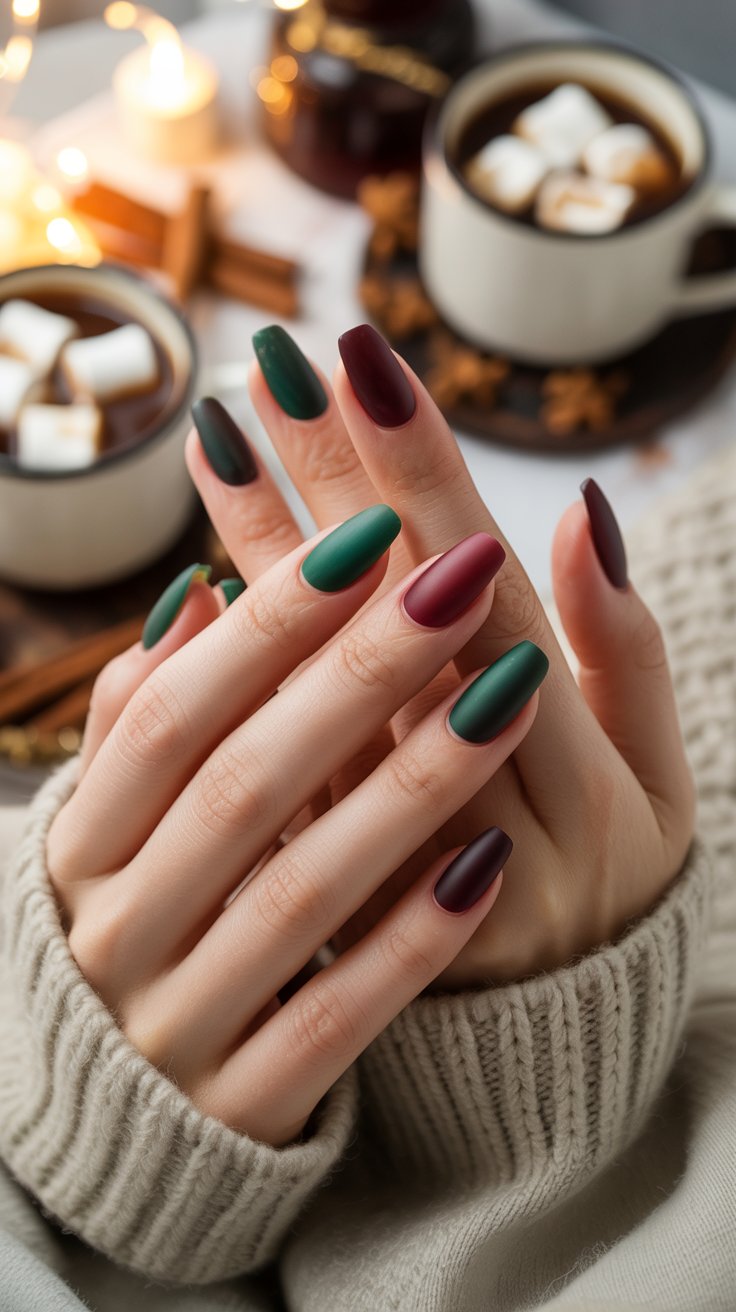 Velvet-effect winter nails in rich jewel tones, shown with cozy sweater textures and soft lighting.”