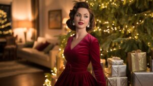 Woman wearing a 1950s-inspired red velvet dress by a Christmas tree, showcasing elegant vintage Christmas fashion.