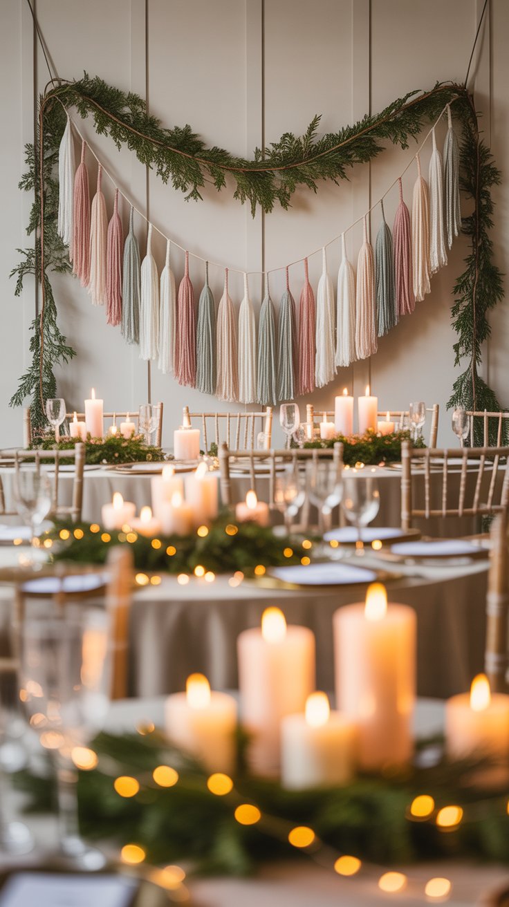 Winter wedding venue decorated with blush and cream yarn tassel garlands, candles, and greenery in a cozy festive setting.