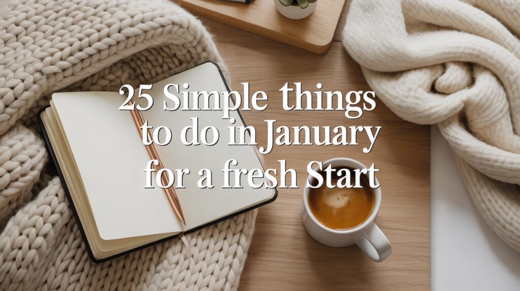 Cozy neutral flat lay with a journal, warm coffee, soft knit blanket, and January reset elements for a fresh start to the new year.