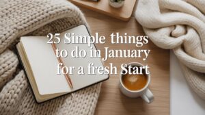 Cozy neutral flat lay with a journal, warm coffee, soft knit blanket, and January reset elements for a fresh start to the new year.