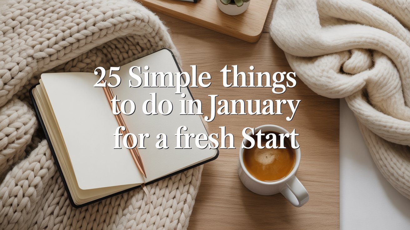 Cozy neutral flat lay with a journal, warm coffee, soft knit blanket, and January reset elements for a fresh start to the new year.