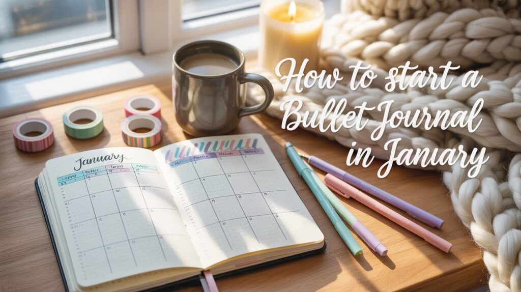 Open bullet journal on a wooden desk with coffee, pens, and winter light — cozy and inspiring setup for a January journaling routine.