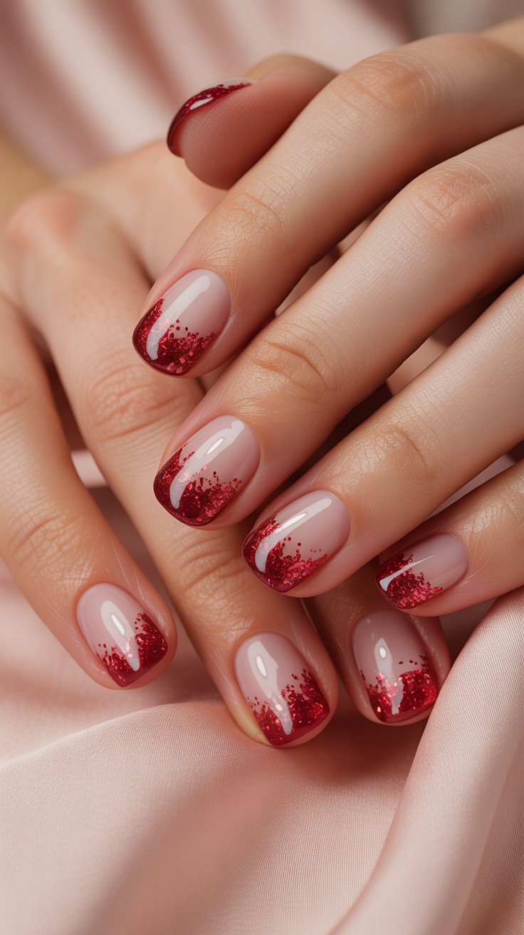 Red glitter tip nails with nude base and subtle sparkle.”