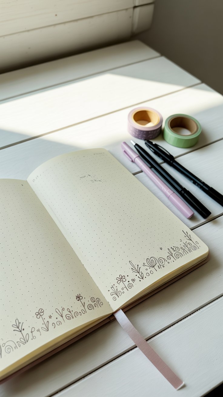 bullet journal and pens on a flatlay