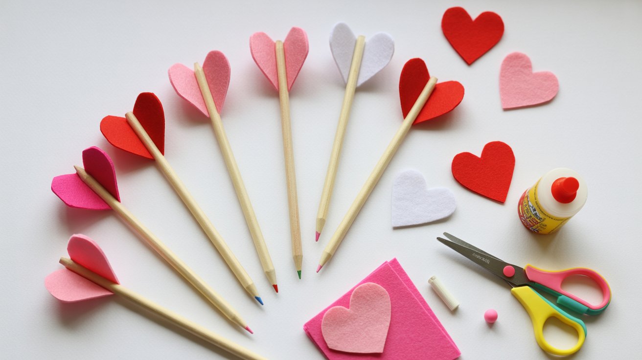 Cupid’s arrow pencil toppers made with felt hearts and pencils arranged on a white table for a Valentine kids craft.