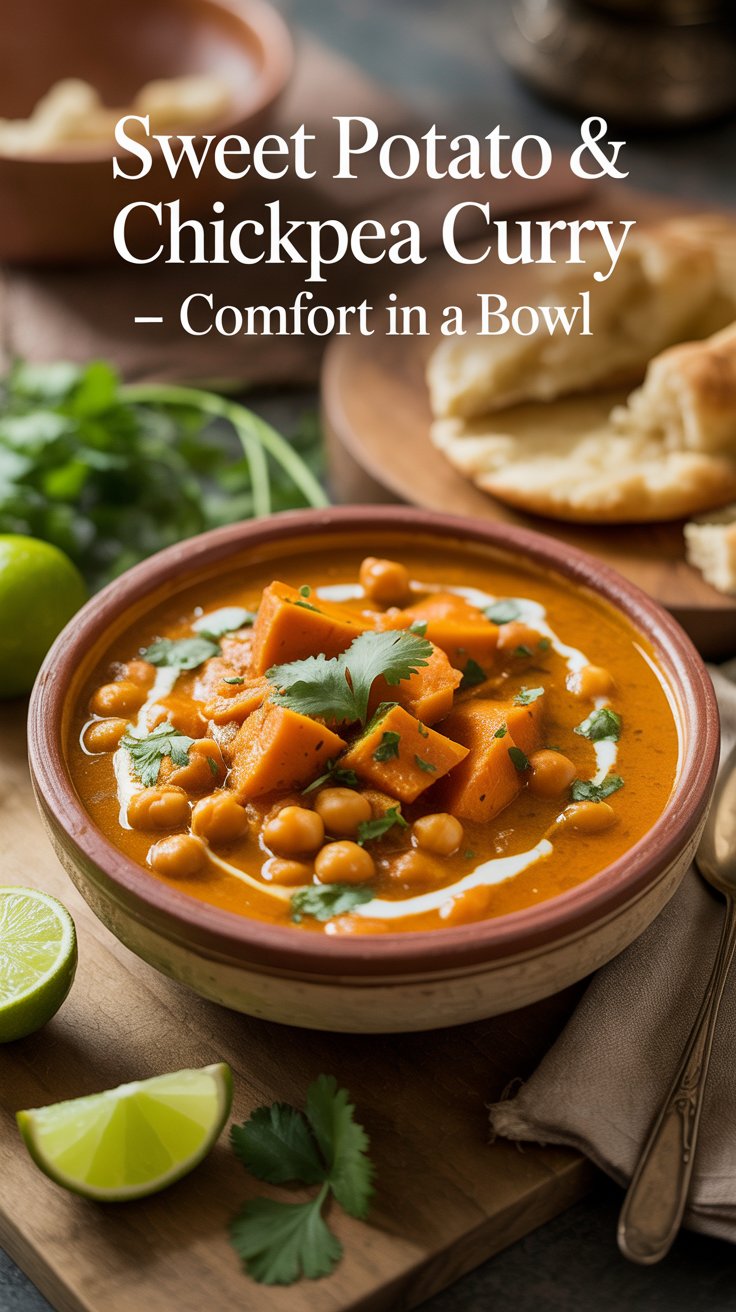 Bowl of creamy sweet potato chickpea curry with herbs and naan, glowing in golden light, cozy winter comfort food.