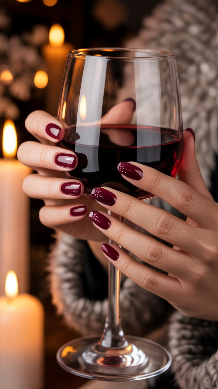 Deep wine red nails with shimmer, photographed in warm candlelight.”