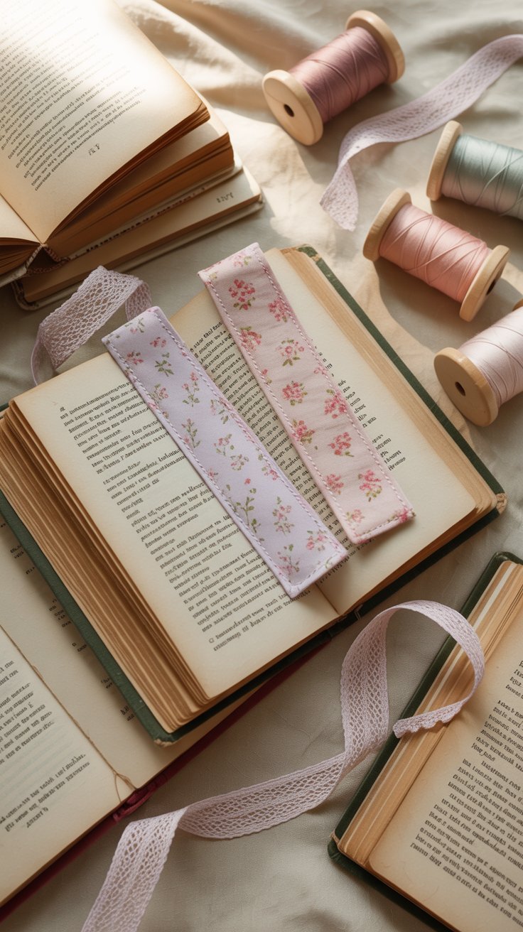 Floral fabric bookmarks with lace and thread on an open book and linen cloth.