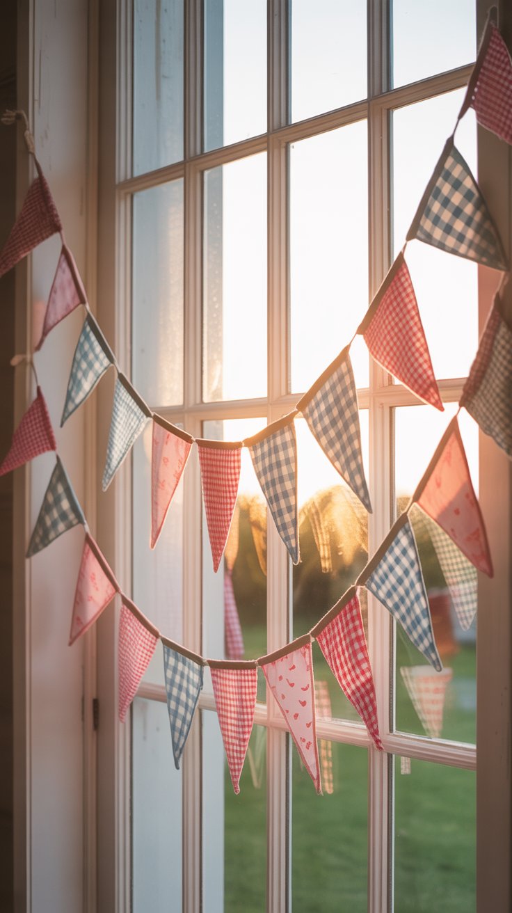 Colorful fabric bunting garland hanging in a cozy farmhouse window.