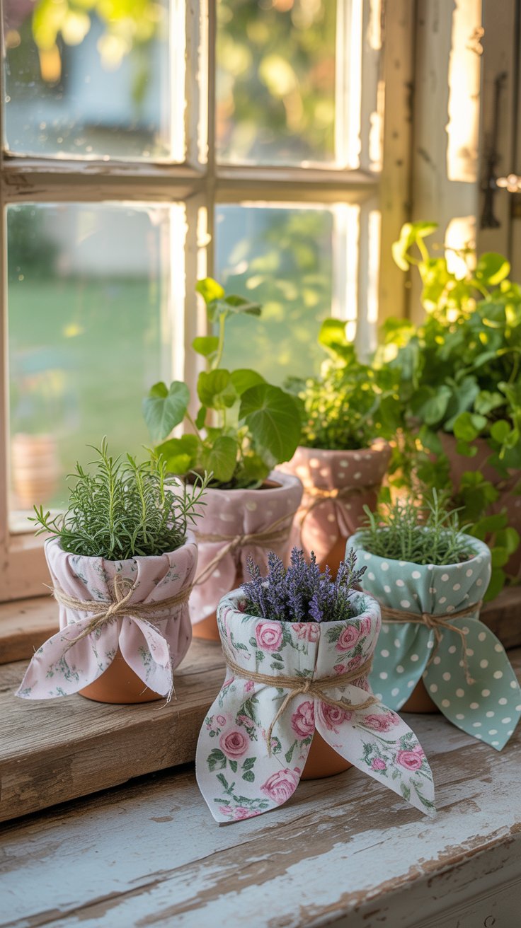Terracotta pots wrapped in colorful fabric sitting on a sunny farmhouse windowsill.