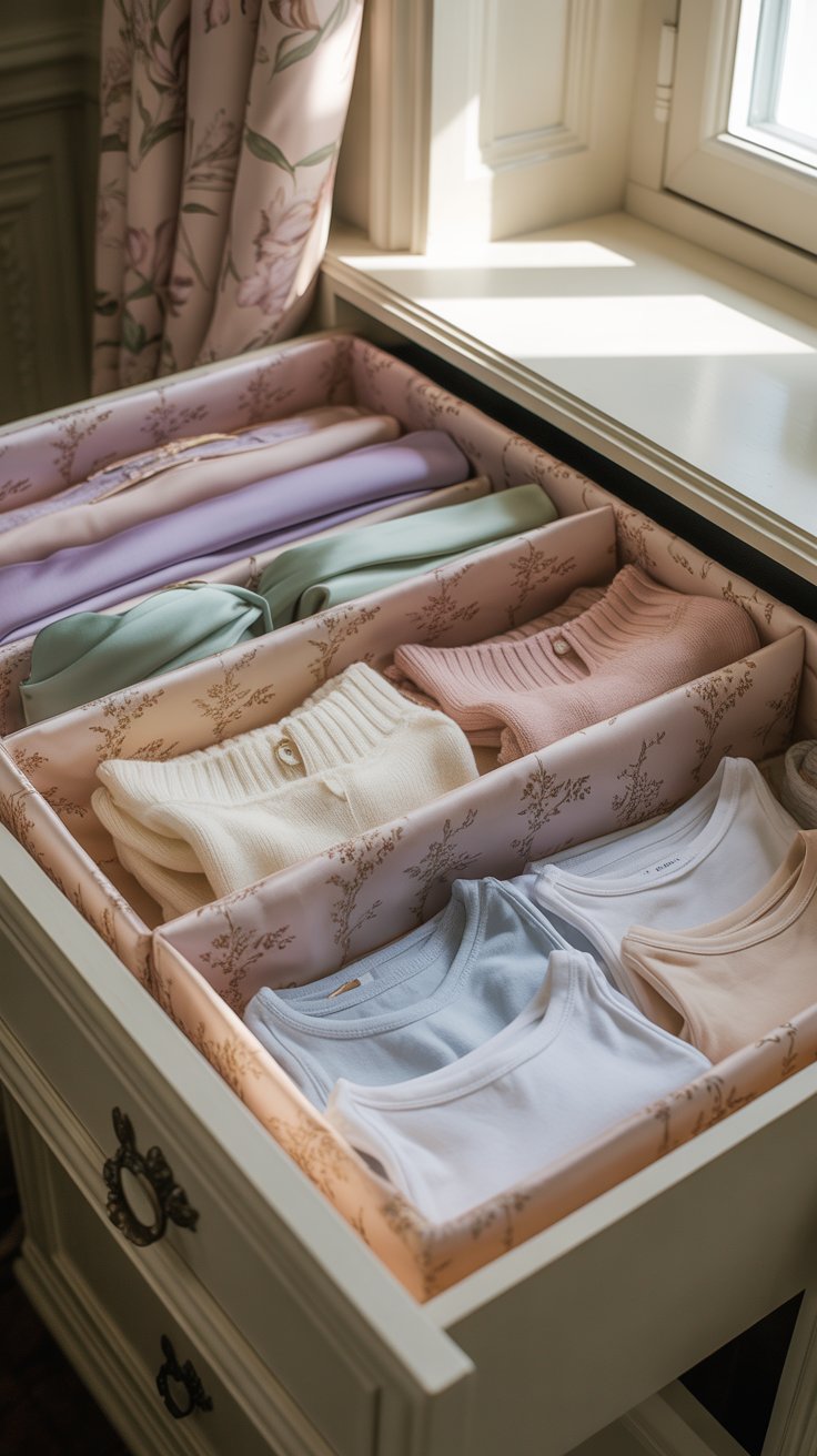 Dresser drawer lined with floral fabric and neatly folded pastel clothing.