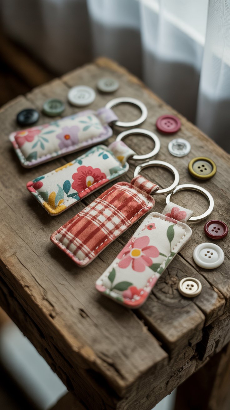 Assorted handmade fabric keychains with metal rings and floral designs on a wooden table.