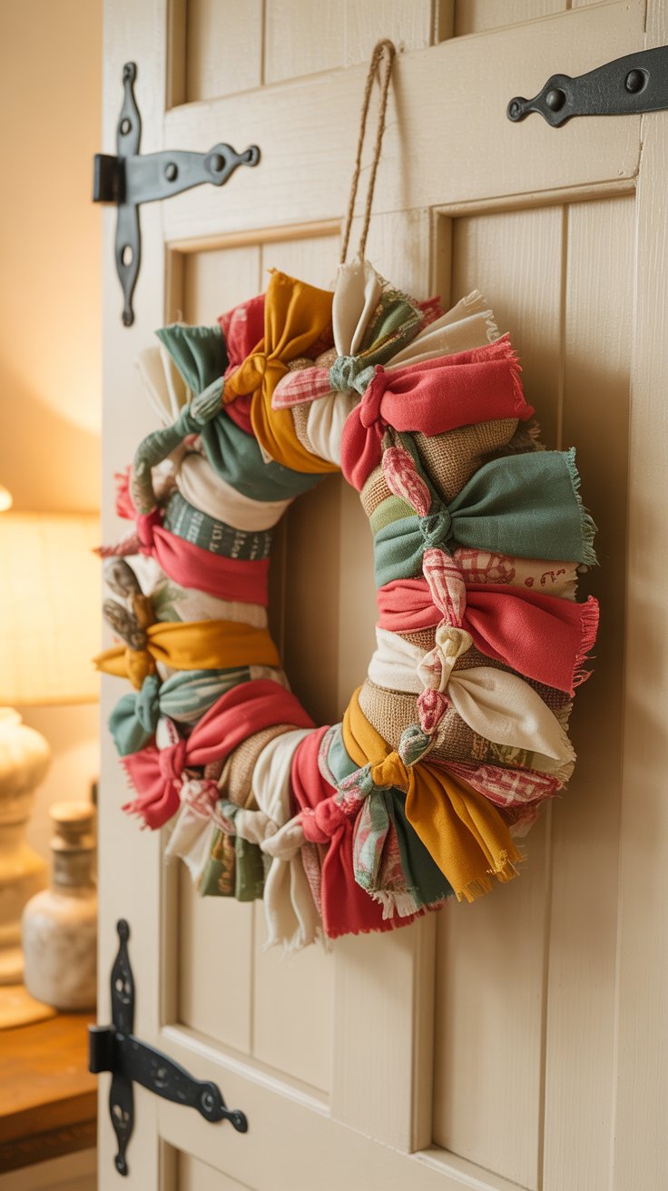 Handmade wreath made from colorful fabric scraps on a white rustic door.