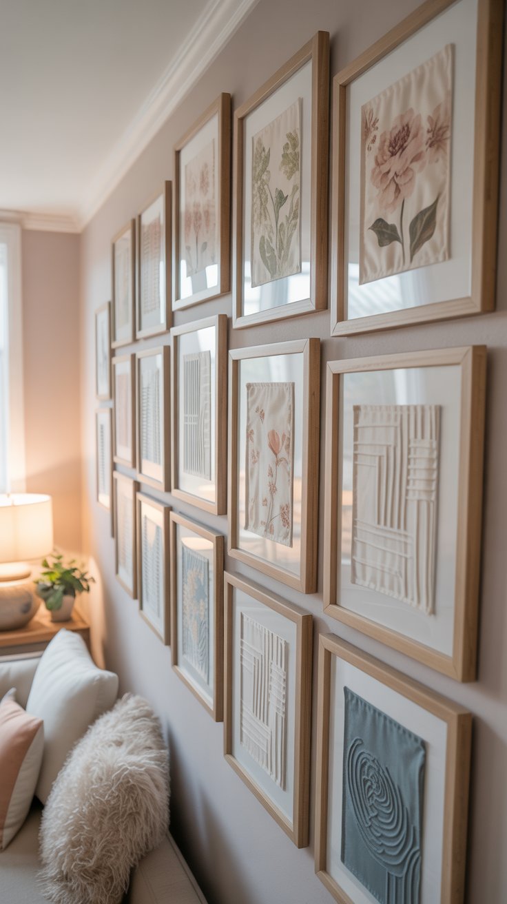 Framed fabric wall art with floral and geometric patterns in a cozy neutral living space.