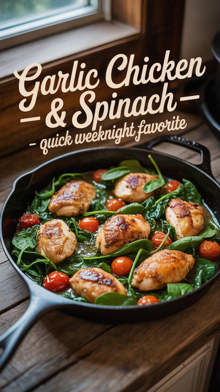 Skillet of golden garlic chicken with spinach and tomatoes under warm light, perfect for a cozy January dinner.