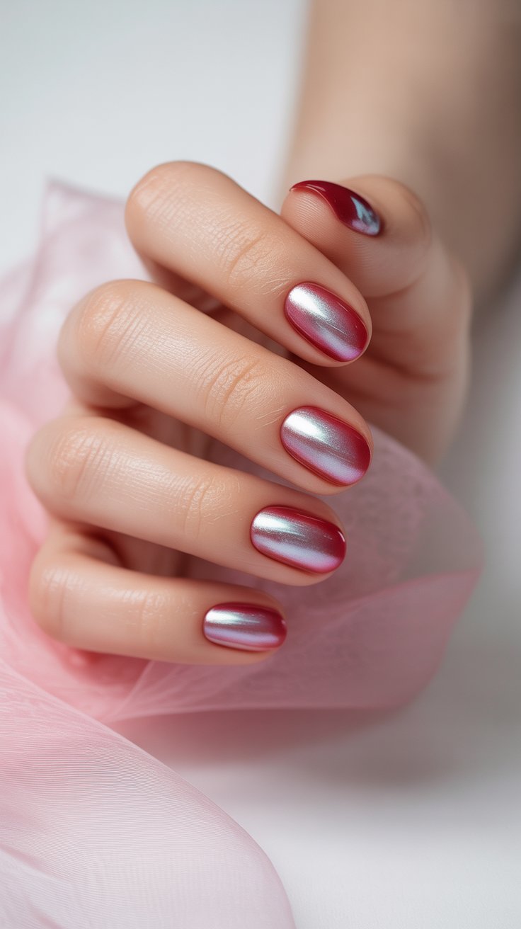 Glazed cherry red nails with pearl chrome glow and soft pink lighting.
