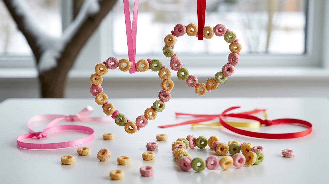 Heart-shaped Valentine bird feeders made with Cheerios on pipe cleaners with ribbon for hanging