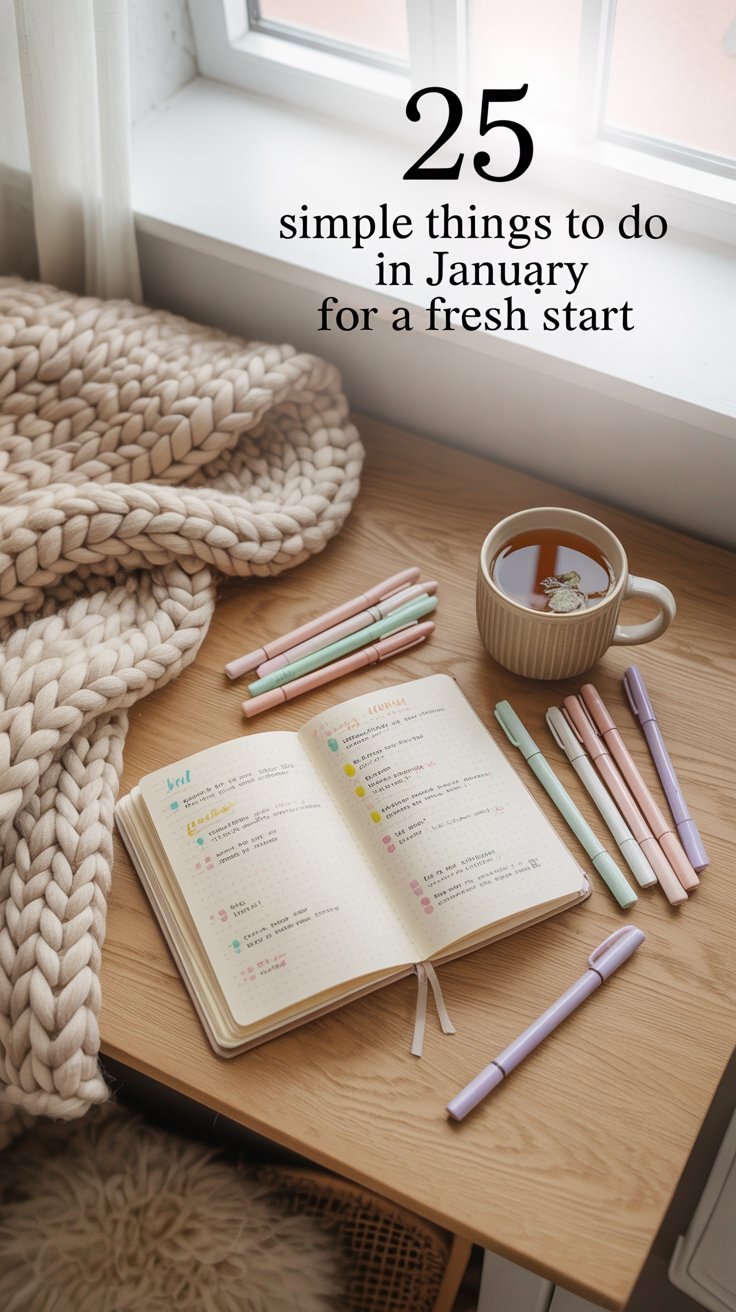 Cozy January flat-lay with journal, warm tea, and soft winter light with text overlay “25 Simple Things to Do in January for a Fresh Start.