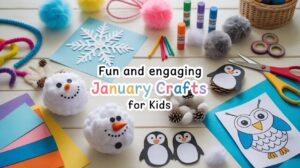 Flat-lay of colorful winter kids’ craft supplies including paper snowflakes, markers, pom-poms, and pipe cleaners with text overlay “Fun and Engaging January Crafts for Kids.”
