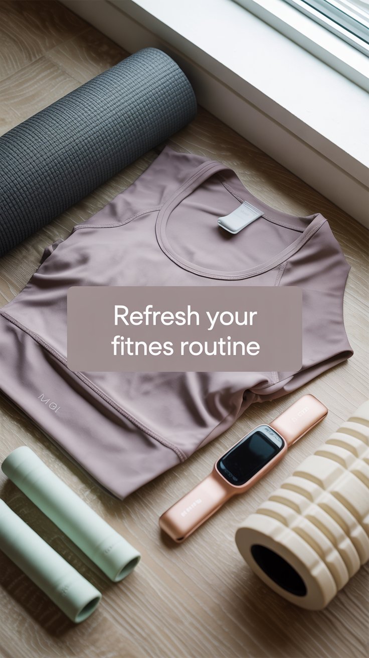 Flat-lay of neutral fitness gear including athletic wear, yoga mat, resistance bands, and fitness tracker in soft winter light.