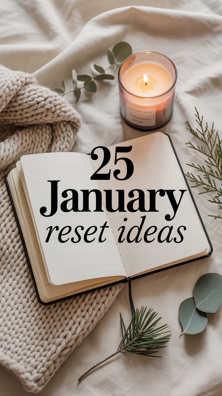 Cozy winter flat-lay with notebook and candle with text overlay “25 January Reset Ideas.”