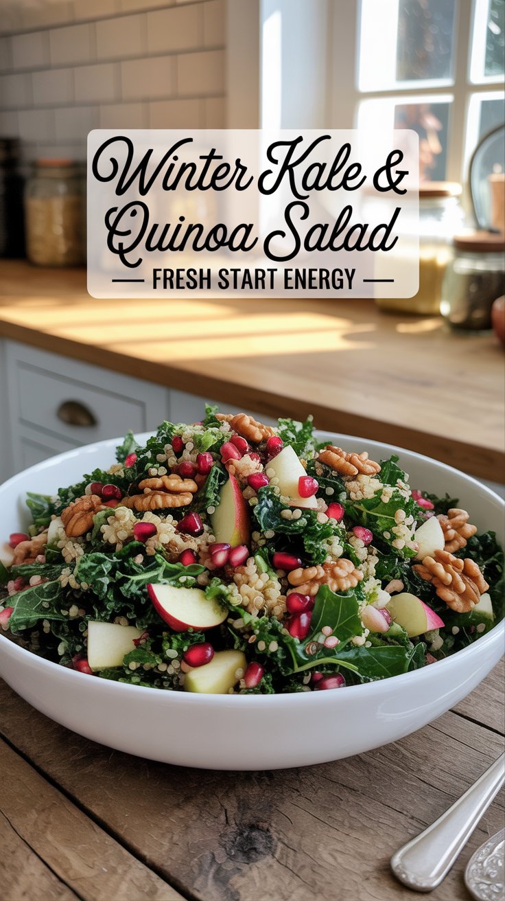 Colorful kale and quinoa salad with apples and pomegranate in warm light, fresh healthy January recipe.