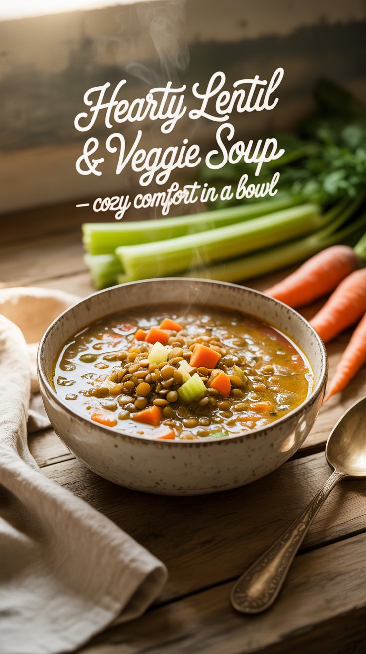 Bowl of hearty lentil and vegetable soup surrounded by rustic kitchen decor in warm light, evoking cozy winter comfort.