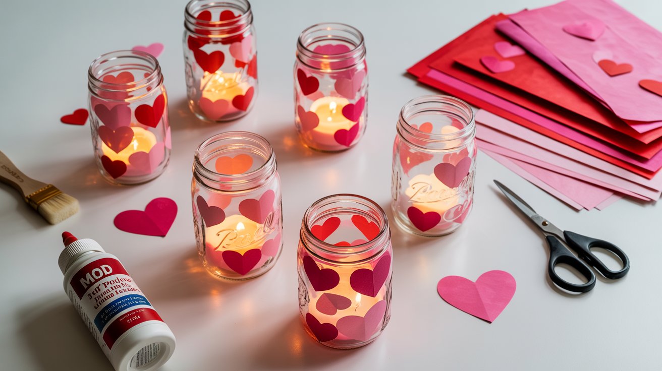 Mason jar Valentine lanterns made with pink and red tissue paper and LED candles on a craft table.