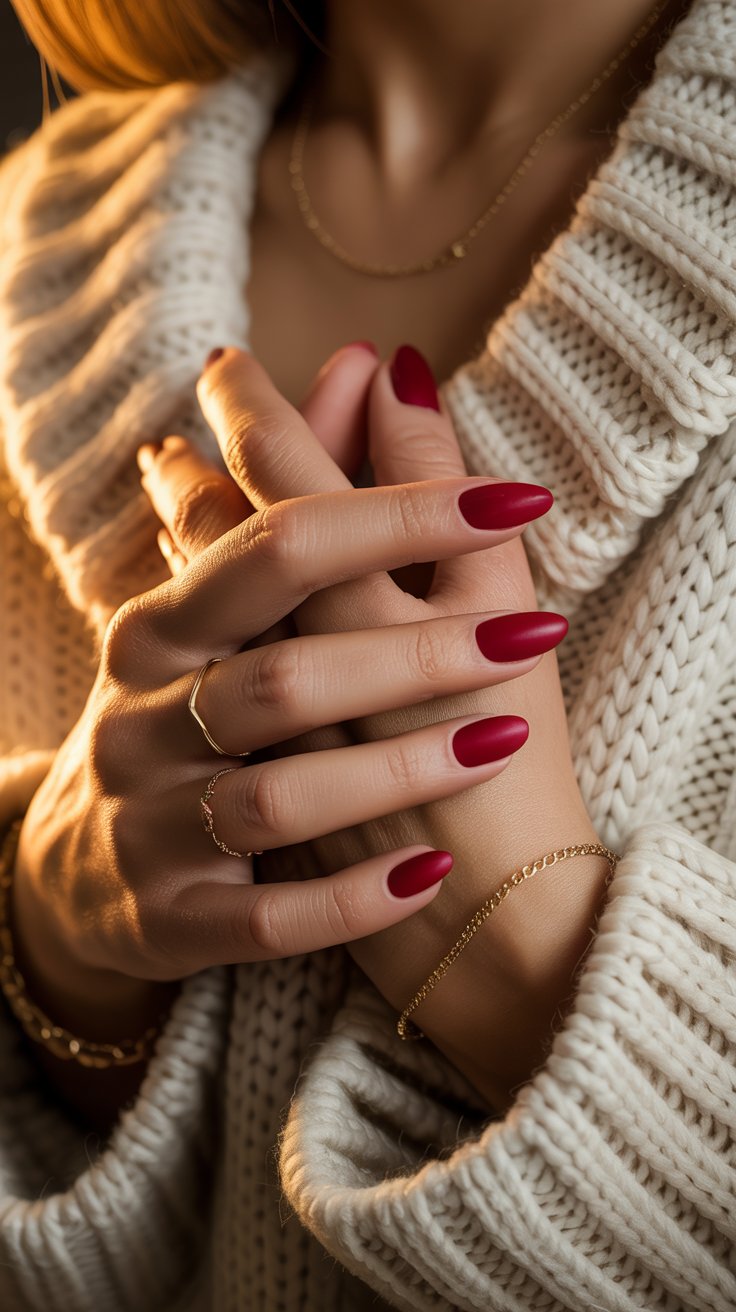 Matte crimson red nails styled with gold jewelry and cozy sweater.