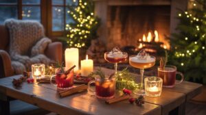 image of a variety of mocktails in a cozy room with a fireplace