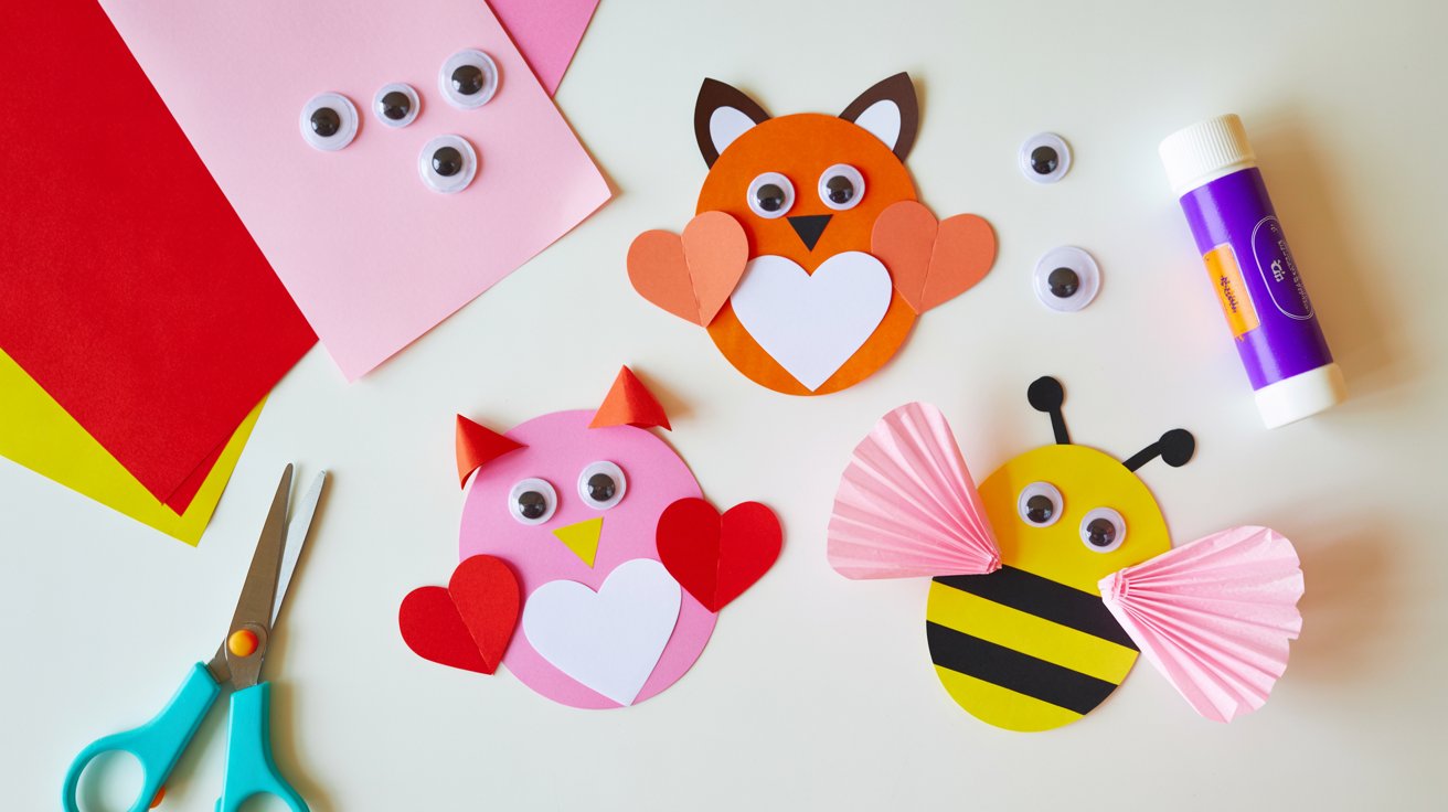 Paper heart animal crafts made with construction paper and googly eyes arranged on a white table for a Valentine’s Day kids craft idea.