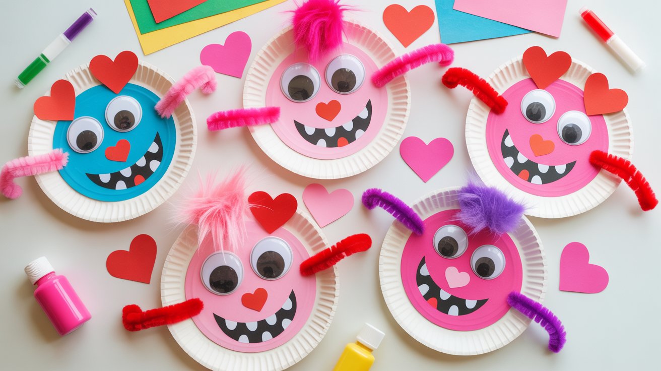 Paper plate Valentine love monsters decorated with paint, googly eyes, and construction paper hearts