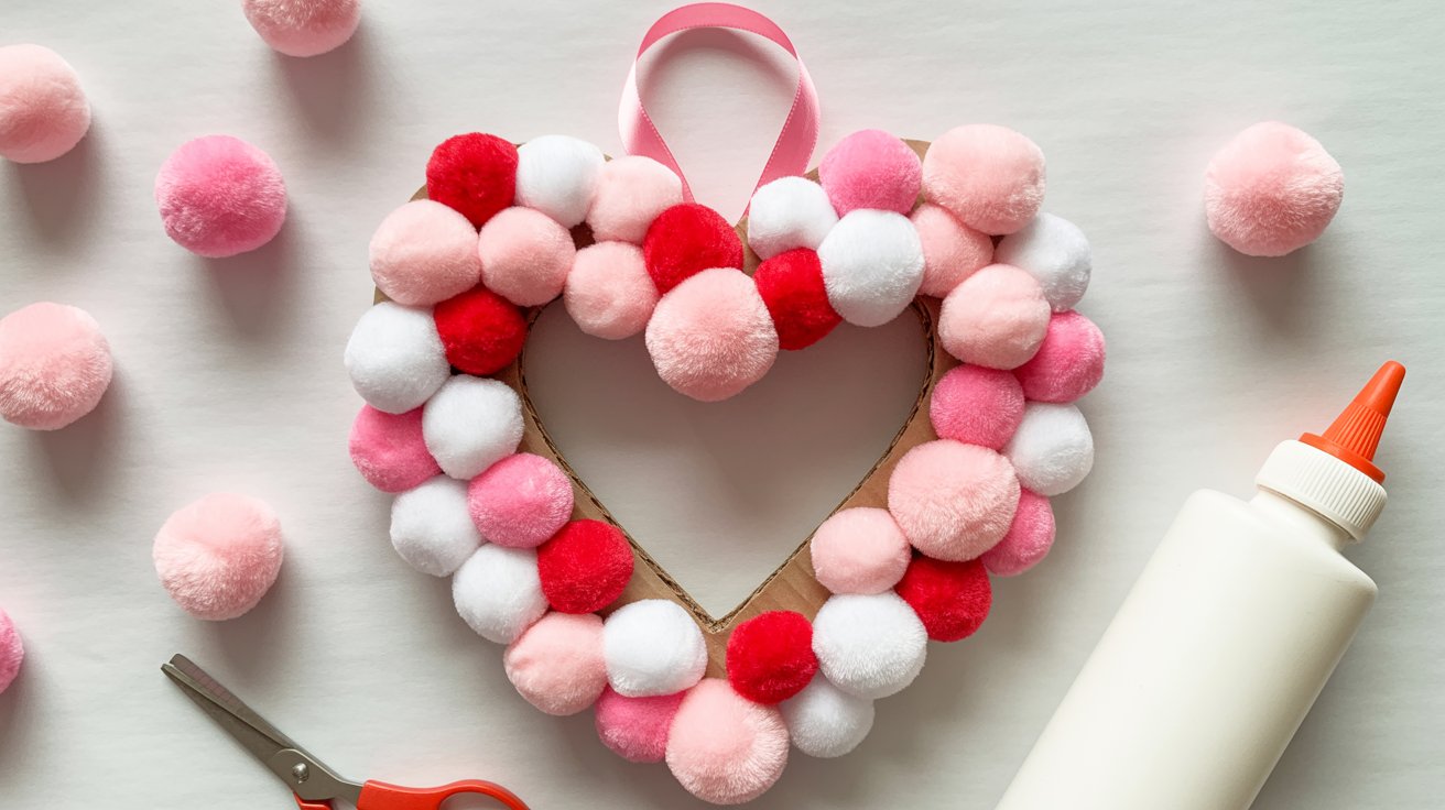 Valentine pom-pom heart wreath made from cardboard and colorful pom-poms