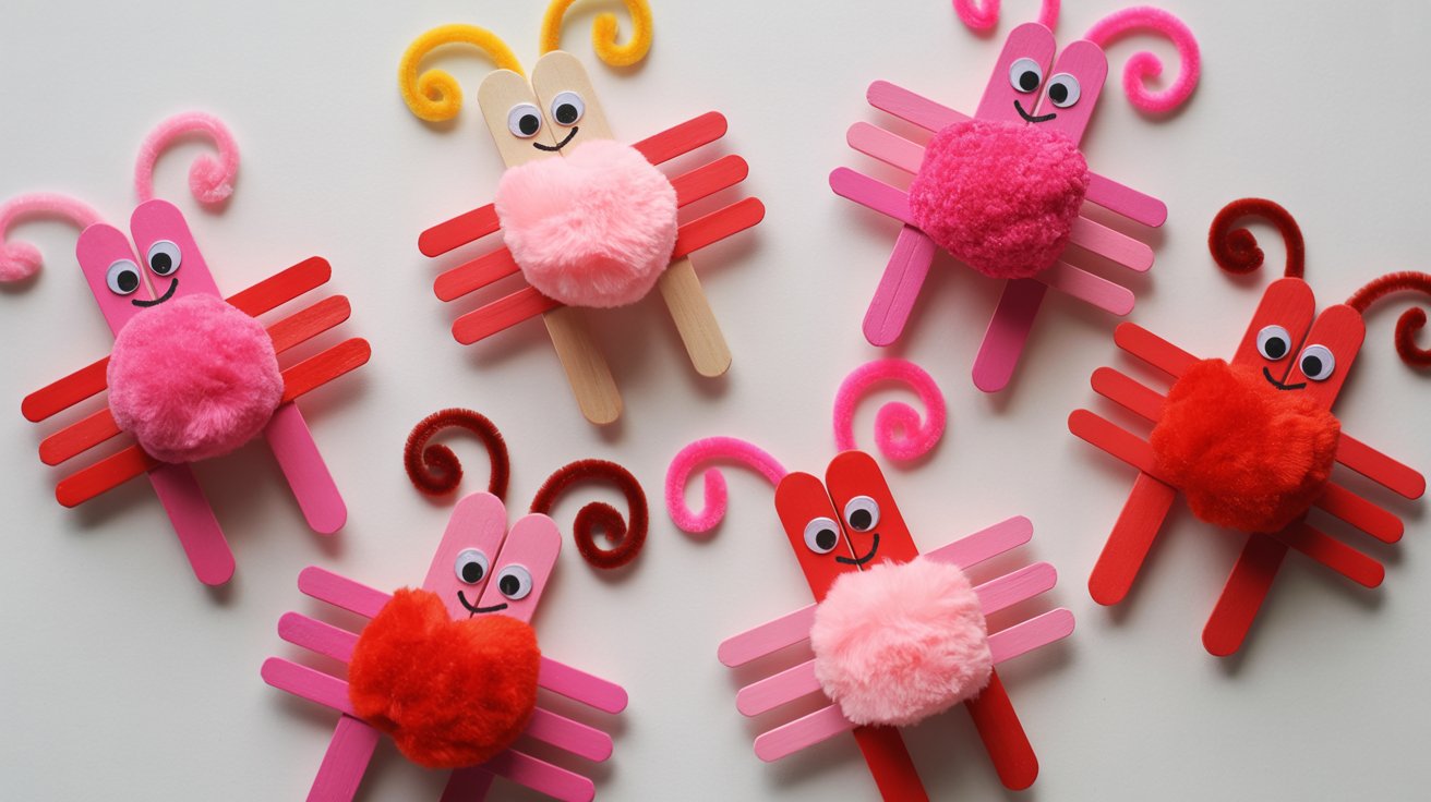 Valentine popsicle stick love bugs decorated with pom-poms, pipe cleaners, and googly eyes on a white craft table.