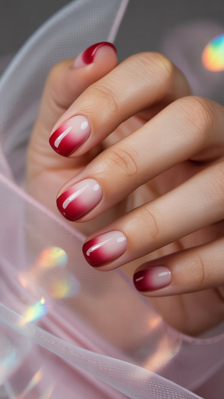 Red aura nails with pink gradient and glowing airbrushed effect.”